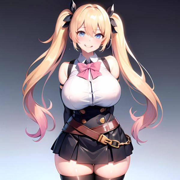1girl Aymusk Belt Black Skirt Blonde Hair Blue Eyes Blush Bow Bowtie Breasts Curvy Elbow Gloves Fang Gloves Gradient Background, 35264779 - AIHentai - aihentai.co on pornintellect.com