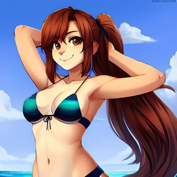 1girl Armpits Arms Behind Head Bikini Brown Eyes Brown Hair Cowboy Shot Dot Nose Flat Chest From Side Hair Ornament, 2498956813 - AIHentai - aihentai.co on pornintellect.com