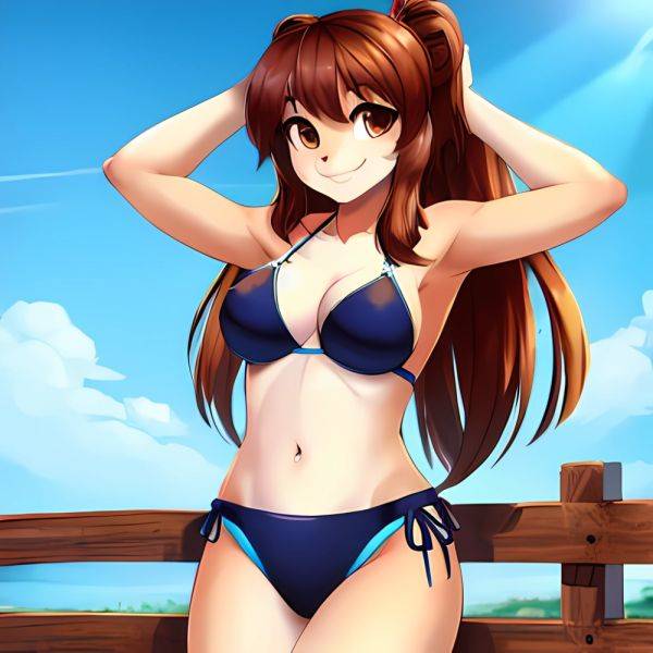 1girl Armpits Arms Behind Head Bikini Brown Eyes Brown Hair Cowboy Shot Dot Nose Flat Chest From Side Hair Ornament, 4034732010 - AIHentai - aihentai.co on pornintellect.com