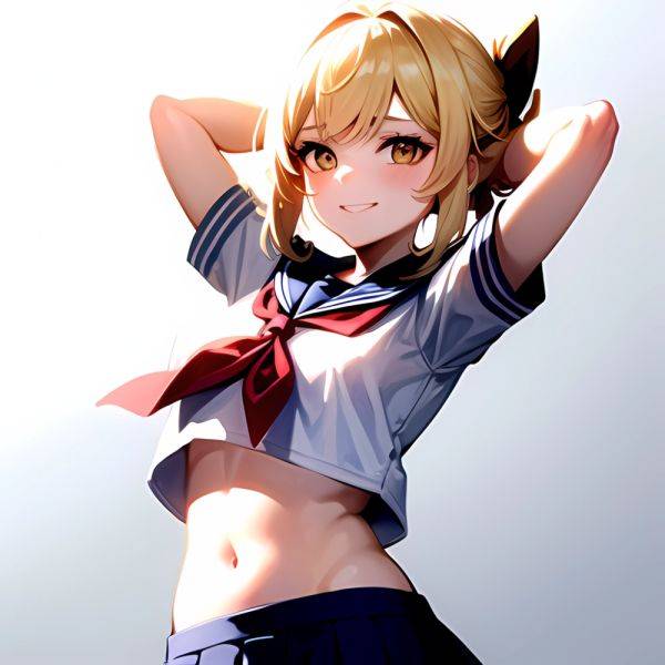 1girl Arms Up Arms Behind Head Blonde Hair Blue Skirt Bow Crop Top Crop Top Overhang Genshin Impact Gradient Background, 512268724 - AIHentai - aihentai.co on pornintellect.com