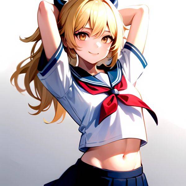 1girl Arms Up Arms Behind Head Blonde Hair Blue Skirt Bow Crop Top Crop Top Overhang Genshin Impact Gradient Background, 290291697 - AIHentai - aihentai.co on pornintellect.com