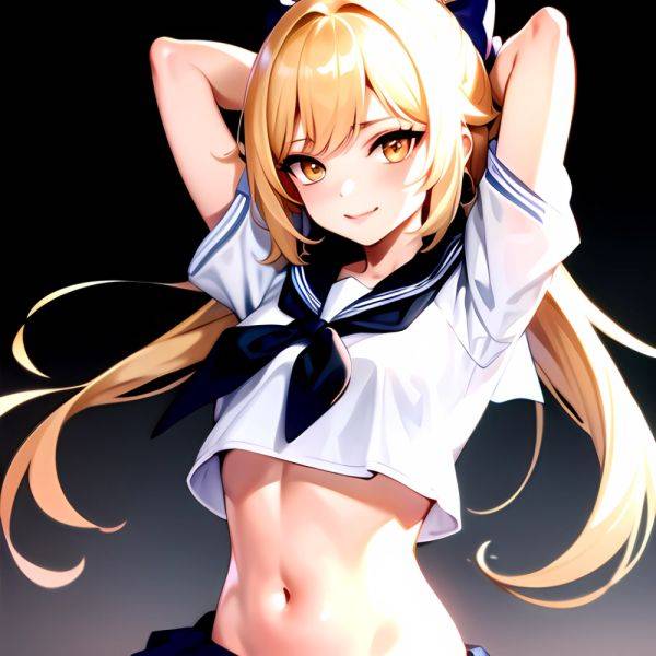 1girl Arms Up Arms Behind Head Blonde Hair Blue Skirt Bow Crop Top Crop Top Overhang Genshin Impact Gradient Background, 1535520203 - AIHentai - aihentai.co on pornintellect.com