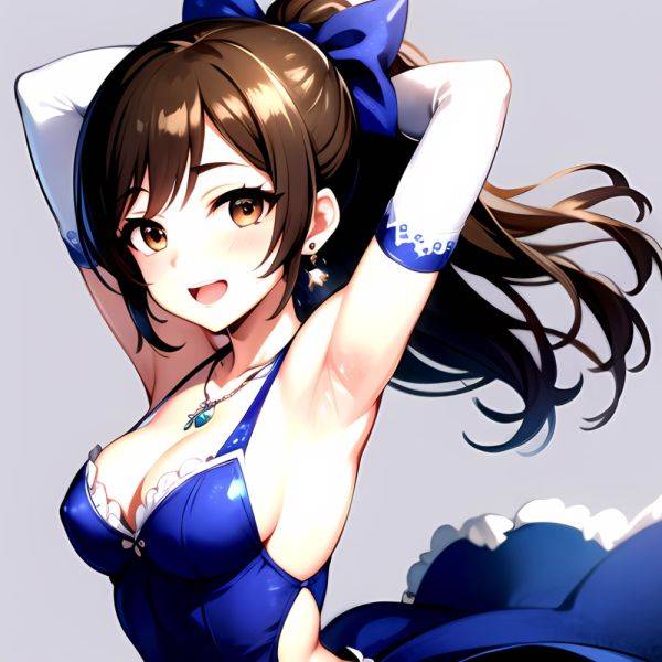 1girl Absurdres Armpits Arms Up Ayase Honoka Black Gloves Blue Bow Blue Dress Blush Bow Breasts Brown Eyes Brown Hair, 1019257000 - AIHentai - aihentai.co on pornintellect.com