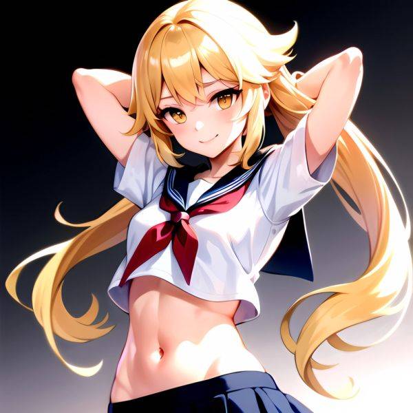 1girl Arms Up Arms Behind Head Blonde Hair Blue Skirt Bow Crop Top Crop Top Overhang Genshin Impact Gradient Background, 1828224126 - AIHentai - aihentai.co on pornintellect.com