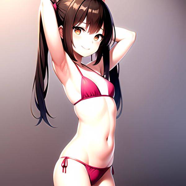 1girl Armpits Arms Behind Head Bikini Brown Eyes Brown Hair Cowboy Shot Dot Nose Flat Chest From Side Hair Ornament, 1661103542 - AIHentai - aihentai.co on pornintellect.com