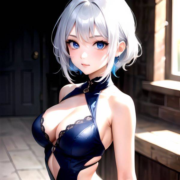 1girl Sexy Blue Eyes Silver Hair Arms Behind Back Facing The Camera Looking At The Camera, 1059237571 - AIHentai - aihentai.co on pornintellect.com