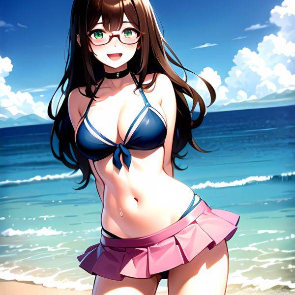 1girl D Bikini Bikini Bottom Aside Bikini Skirt Black Choker Blush Breasts Brown Hair Choker Cleavage Clothing Aside Front Tie, 2886333476 - AIHentai - aihentai.co on pornintellect.com