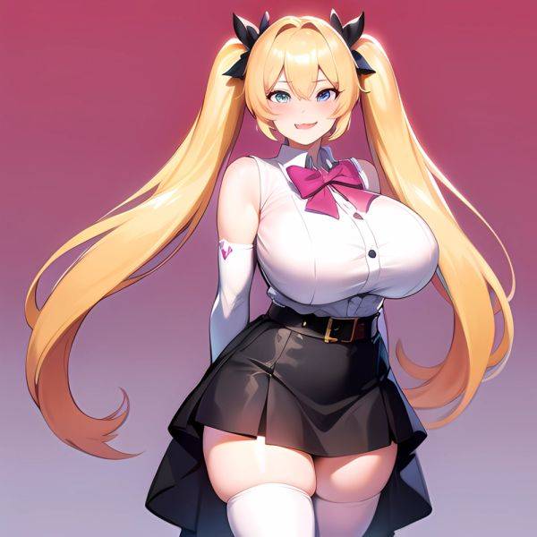 1girl Aymusk Belt Black Skirt Blonde Hair Blue Eyes Blush Bow Bowtie Breasts Curvy Elbow Gloves Fang Gloves Gradient Background, 3164086535 - AIHentai - aihentai.co on pornintellect.com