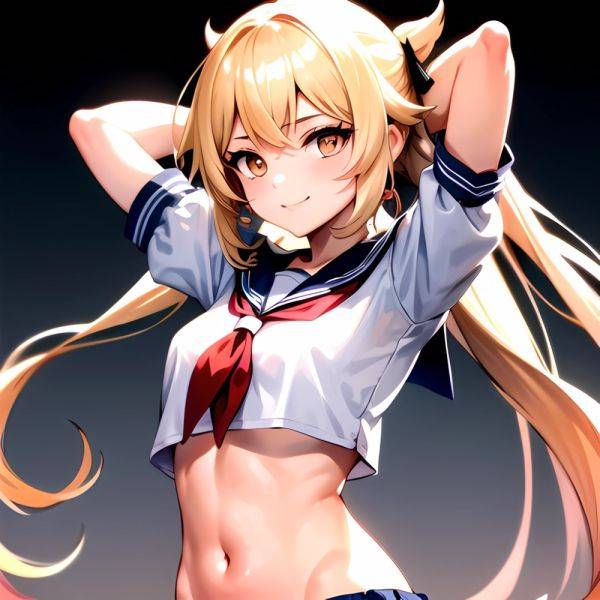 1girl Arms Up Arms Behind Head Blonde Hair Blue Skirt Bow Crop Top Crop Top Overhang Genshin Impact Gradient Background, 2178890502 - AIHentai - aihentai.co on pornintellect.com