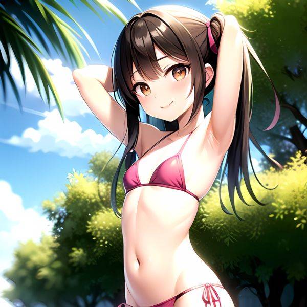 1girl Armpits Arms Behind Head Bikini Brown Eyes Brown Hair Cowboy Shot Dot Nose Flat Chest From Side Hair Ornament, 2863405919 - AIHentai - aihentai.co on pornintellect.com