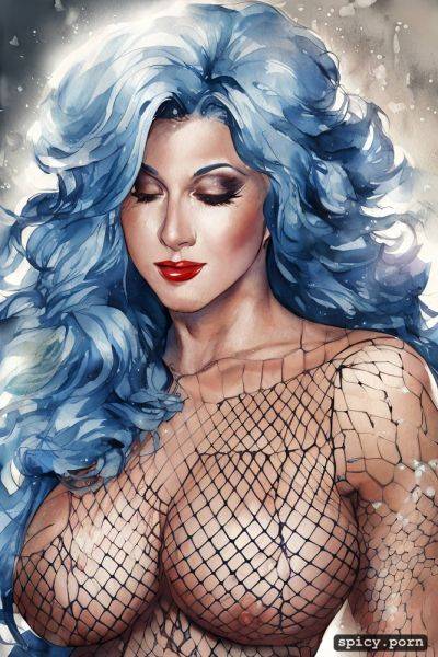 Medium shot, curly hair, backlighting, in supermarket, fishnet bodysuit - spicy.porn on pornintellect.com
