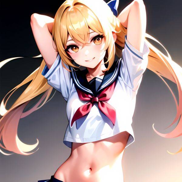 1girl Arms Up Arms Behind Head Blonde Hair Blue Skirt Bow Crop Top Crop Top Overhang Genshin Impact Gradient Background, 1297770348 - AIHentai - aihentai.co on pornintellect.com