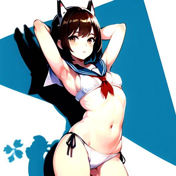 1girl Arms Up Arms Behind Head Bikini Bob Cut Brown Eyes Brown Hair Cosplay Cowboy Shot Flat Chest Headgear Inverted, 1494873993 - AIHentai - aihentai.co on pornintellect.com