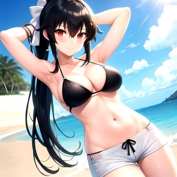 1girl Arms Behind Head Armpits Beach Bikini Bikini Under Shorts Black Bikini Black Hair Blurry Blurry Background Breasts Cleavag, 1933609872 - AIHentai - aihentai.co on pornintellect.com