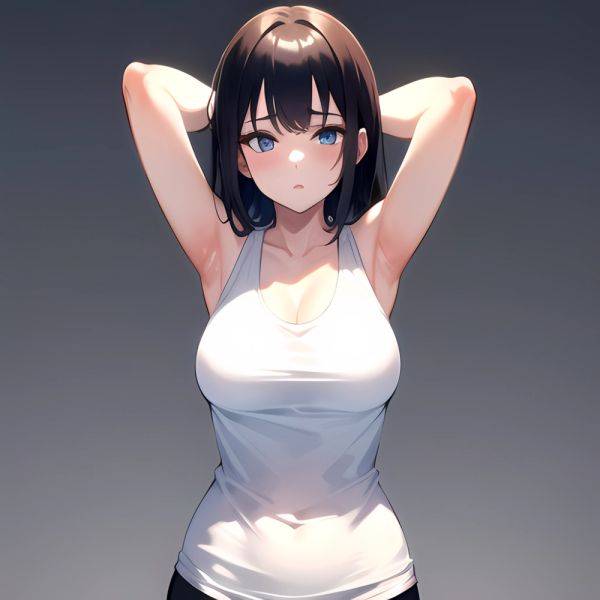 1girl Solo Tank Top Leggings Blue Eyes Standing Fully Clothed Pov Simple Background Arms Behind Head, 494635365 - AIHentai - aihentai.co on pornintellect.com