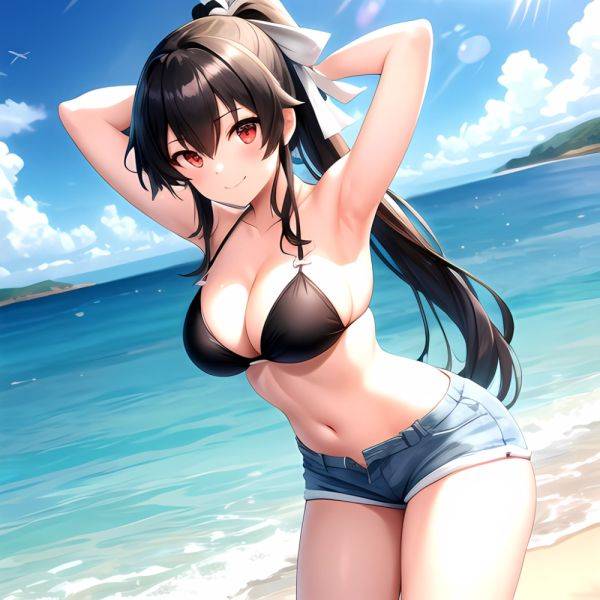 1girl Arms Behind Head Armpits Beach Bikini Bikini Under Shorts Black Bikini Black Hair Blurry Blurry Background Breasts Cleavag, 3573142395 - AIHentai - aihentai.co on pornintellect.com