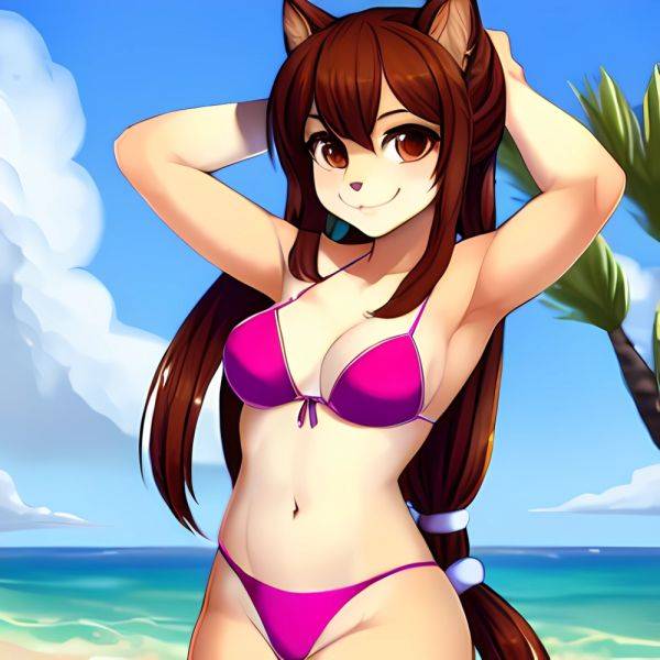 1girl Armpits Arms Behind Head Bikini Brown Eyes Brown Hair Cowboy Shot Dot Nose Flat Chest From Side Hair Ornament, 2386039948 - AIHentai - aihentai.co on pornintellect.com