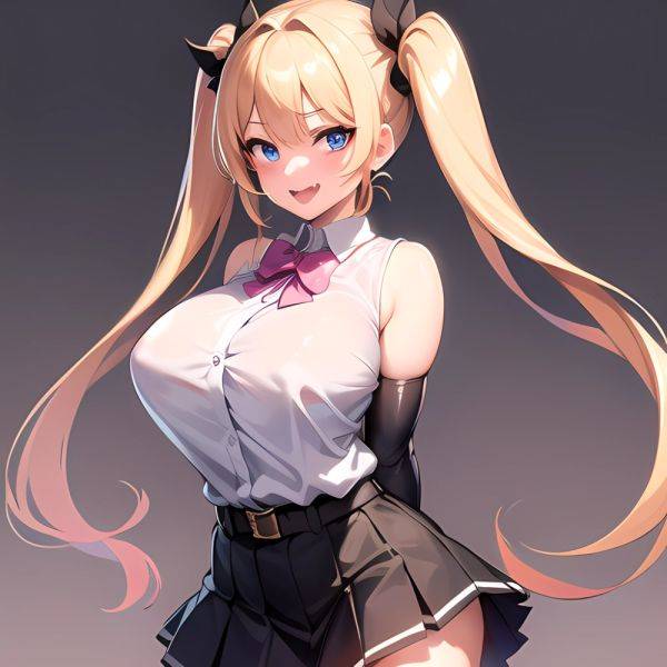 1girl Aymusk Belt Black Skirt Blonde Hair Blue Eyes Blush Bow Bowtie Breasts Curvy Elbow Gloves Fang Gloves Gradient Background, 684059988 - AIHentai - aihentai.co on pornintellect.com