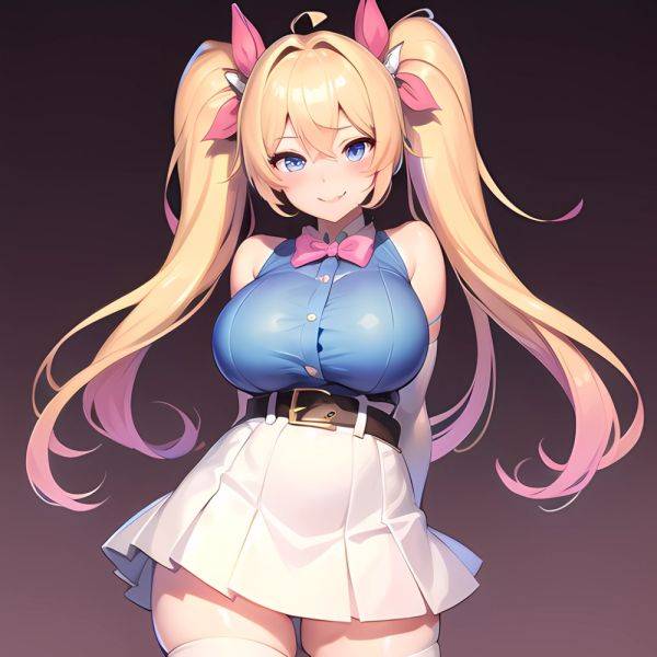 1girl Aymusk Belt White Skirt Blonde Hair Blue Eyes Blush Bow Bowtie Breasts Curvy Elbow Gloves Fang Gloves Gradient Background, 213866680 - AIHentai - aihentai.co on pornintellect.com