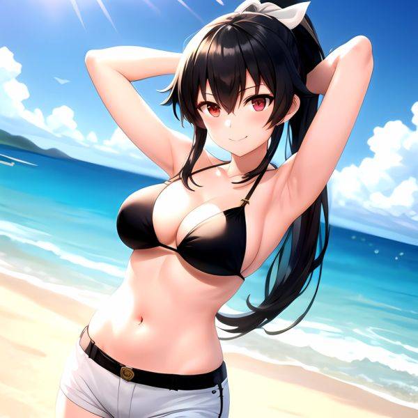 1girl Arms Behind Head Armpits Beach Bikini Bikini Under Shorts Black Bikini Black Hair Blurry Blurry Background Breasts Cleavag, 3672886834 - AIHentai - aihentai.co on pornintellect.com
