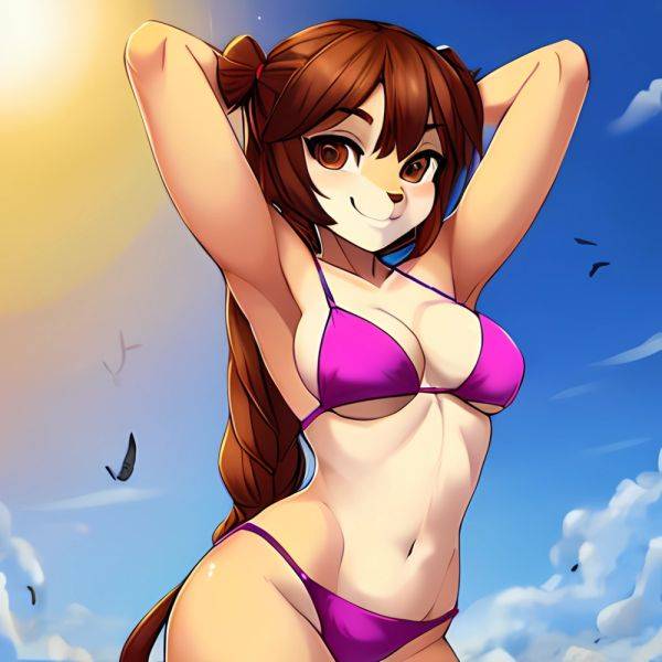 1girl Armpits Arms Behind Head Bikini Brown Eyes Brown Hair Cowboy Shot Dot Nose Flat Chest From Side Hair Ornament, 3804759855 - AIHentai - aihentai.co on pornintellect.com