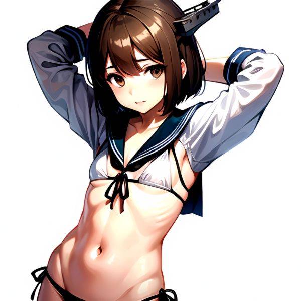 1girl Arms Up Arms Behind Head Bikini Bob Cut Brown Eyes Brown Hair Commentary Request Cosplay Cowboy Shot Flat Chest, 3406349358 - AIHentai - aihentai.co on pornintellect.com