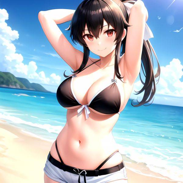 1girl Arms Behind Head Armpits Beach Bikini Bikini Under Shorts Black Bikini Black Hair Blurry Blurry Background Breasts Cleavag, 2997009290 - AIHentai - aihentai.co on pornintellect.com