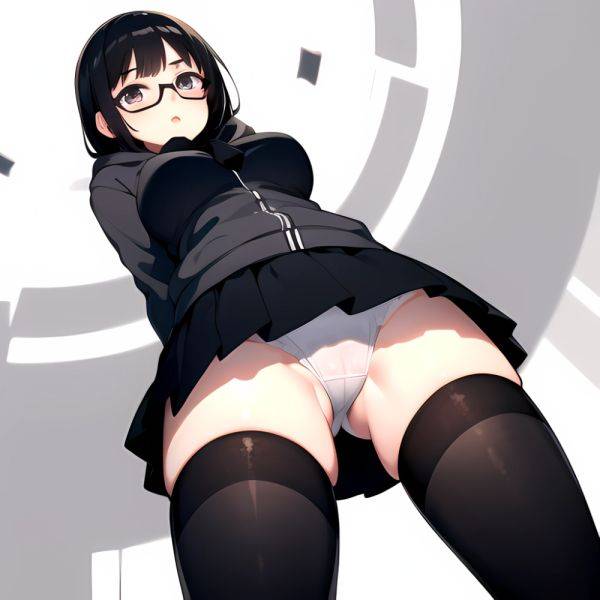 1girl Black Hair Black Necktie Black Thighhighs Breasts Cameltoe From Below Glasses Grey Eyes Grey Hoodie Highres Hood Hoodie Me, 3819513426 - AIHentai - aihentai.co on pornintellect.com