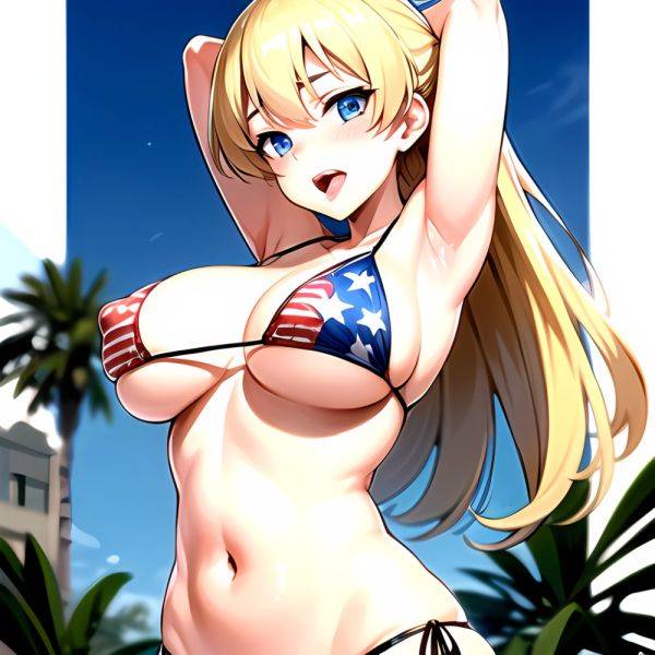 1girl American Flag Bikini Armpits Arms Behind Head Bikini Blonde Hair Blue Eyes Blush Breasts Covered Erect Nipples Flag Print, 402020611 - AIHentai - aihentai.co - Usa on pornintellect.com