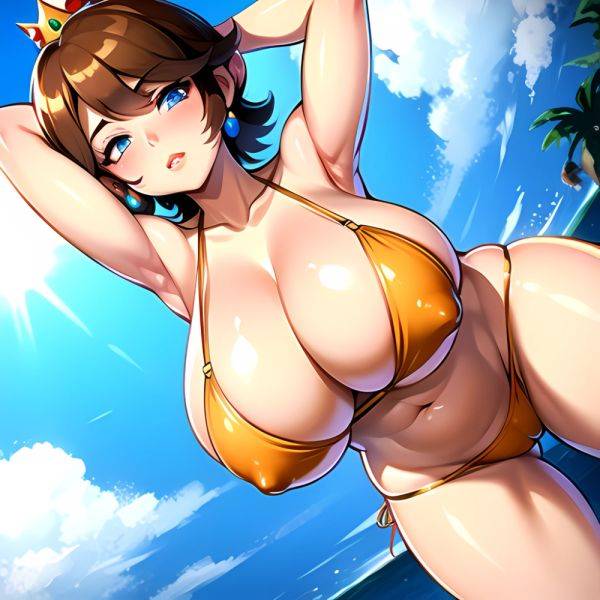 1girl Areola Slip Armpits Arms Behind Head Bikini Blue Eyes Blush Breasts Brown Hair Cleavage Huge Breasts Legs Mario Series, 3373918813 - AIHentai - aihentai.co on pornintellect.com