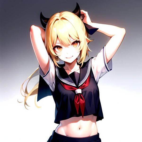 1girl Arms Up Arms Behind Head Blonde Hair Blue Skirt Bow Crop Top Crop Top Overhang Genshin Impact Gradient Background, 1472432727 - AIHentai - aihentai.co on pornintellect.com