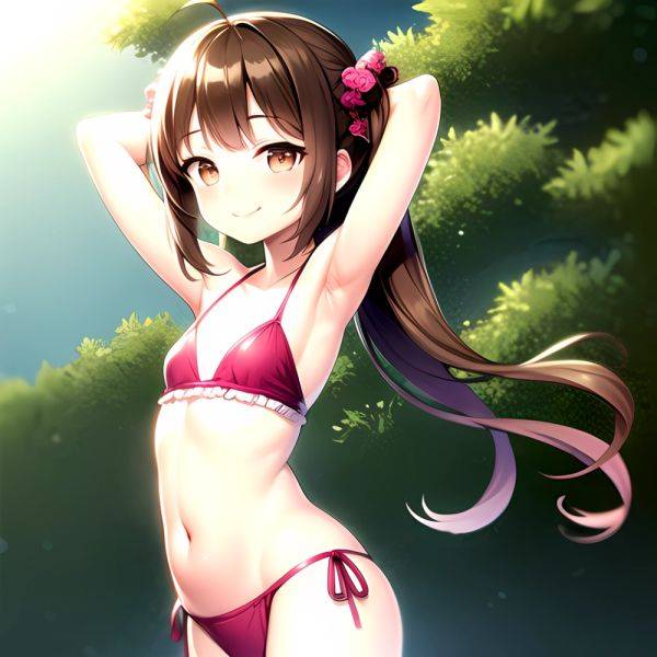 1girl Armpits Arms Behind Head Bikini Brown Eyes Brown Hair Cowboy Shot Dot Nose Flat Chest From Side Hair Ornament, 3691190351 - AIHentai - aihentai.co on pornintellect.com