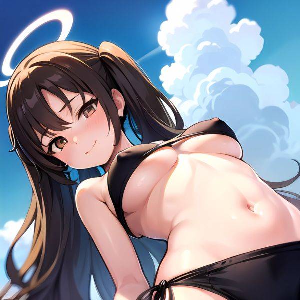 1girl Bikini Black Bikini Blue Archive Blue Sky Breasts Brown Eyes Brown Hair Closed Mouth Clothes Lift Cloud Covered Nipples, 939595258 - AIHentai - aihentai.co on pornintellect.com