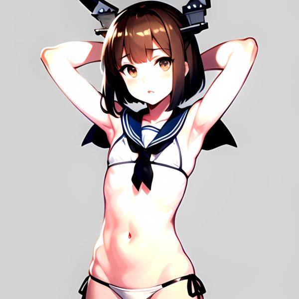 1girl Arms Up Arms Behind Head Bikini Bob Cut Brown Eyes Brown Hair Commentary Request Cosplay Cowboy Shot Flat Chest, 1342688373 - AIHentai - aihentai.co on pornintellect.com