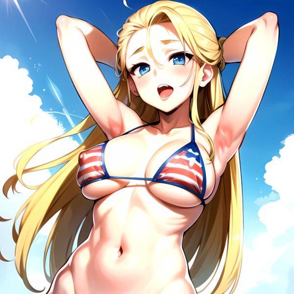 1girl American Flag Bikini Armpits Arms Behind Head Bikini Blonde Hair Blue Eyes Blush Breasts Covered Erect Nipples Flag Print, 3140190302 - AIHentai - aihentai.co - Usa on pornintellect.com