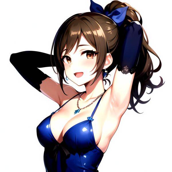 1girl Absurdres Armpits Arms Up Ayase Honoka Black Gloves Blue Bow Blue Dress Blush Bow Breasts Brown Eyes Brown Hair, 2203202036 - AIHentai - aihentai.co on pornintellect.com