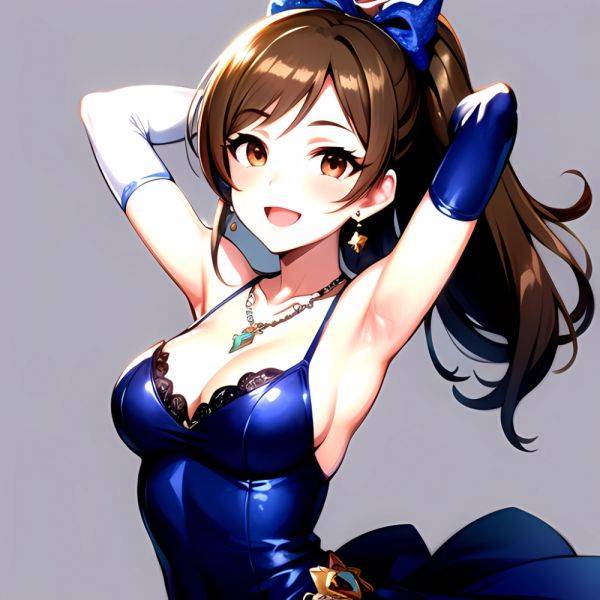 1girl Absurdres Armpits Arms Up Ayase Honoka Black Gloves Blue Bow Blue Dress Blush Bow Breasts Brown Eyes Brown Hair, 2703211840 - AIHentai - aihentai.co on pornintellect.com