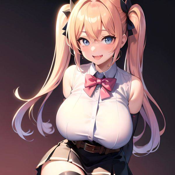 1girl Aymusk Belt Black Skirt Blonde Hair Blue Eyes Blush Bow Bowtie Breasts Curvy Elbow Gloves Fang Gloves Gradient Background, 3583862733 - AIHentai - aihentai.co on pornintellect.com