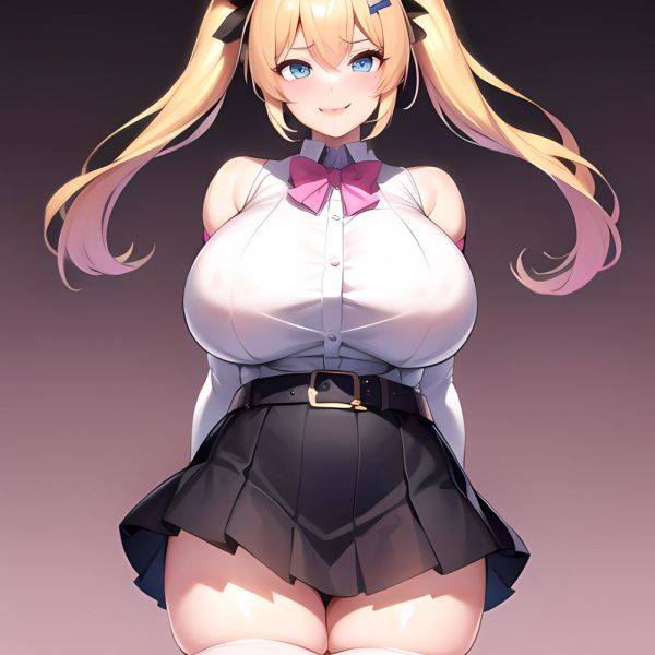 1girl Aymusk Belt Black Skirt Blonde Hair Blue Eyes Blush Bow Bowtie Breasts Curvy Elbow Gloves Fang Gloves Gradient Background, 1890439897 - AIHentai - aihentai.co on pornintellect.com