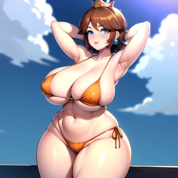 1girl Areola Slip Armpits Arms Behind Head Bikini Blue Eyes Blush Breasts Brown Hair Cleavage Huge Breasts Legs Mario Series, 2371667600 - AIHentai - aihentai.co on pornintellect.com