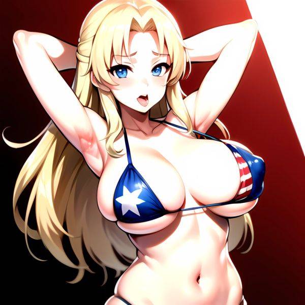 1girl American Flag Bikini Armpits Arms Behind Head Bikini Blonde Hair Blue Eyes Blush Breasts Covered Erect Nipples Flag Print, 3670701740 - AIHentai - aihentai.co - Usa on pornintellect.com