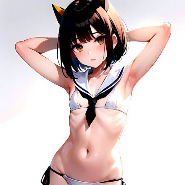 1girl Arms Up Arms Behind Head Bikini Bob Cut Brown Eyes Brown Hair Cosplay Cowboy Shot Flat Chest Headgear Inverted, 2240510528 - AIHentai - aihentai.co on pornintellect.com