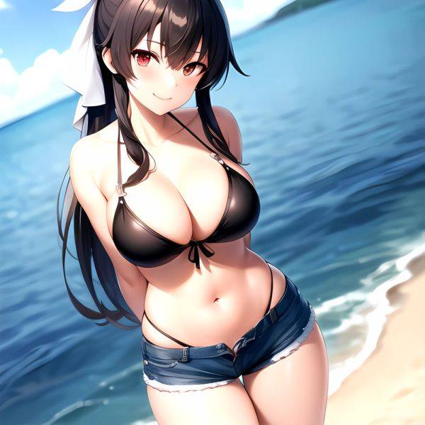 1girl Arms Behind Back Beach Bikini Bikini Under Shorts Black Bikini Black Hair Blurry Blurry Background Breasts Cleavage Closed, 199188456 - AIHentai - aihentai.co on pornintellect.com