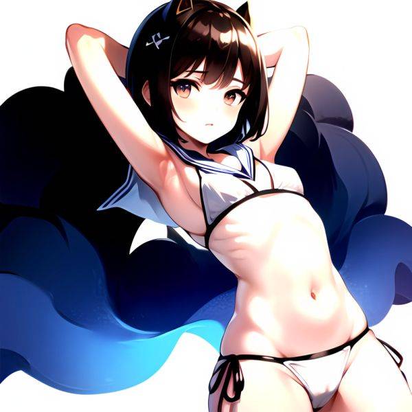 1girl Arms Up Arms Behind Head Bikini Bob Cut Brown Eyes Brown Hair Cosplay Cowboy Shot Flat Chest Headgear Inverted, 3971158412 - AIHentai - aihentai.co on pornintellect.com