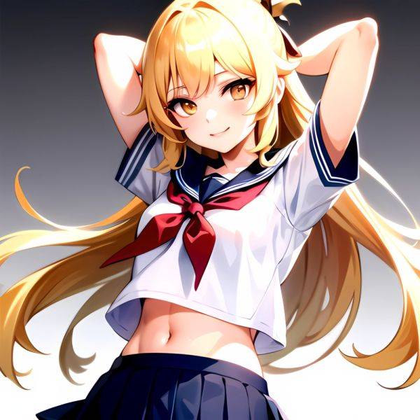 1girl Arms Up Arms Behind Head Blonde Hair Blue Skirt Bow Crop Top Crop Top Overhang Genshin Impact Gradient Background, 1414397065 - AIHentai - aihentai.co on pornintellect.com