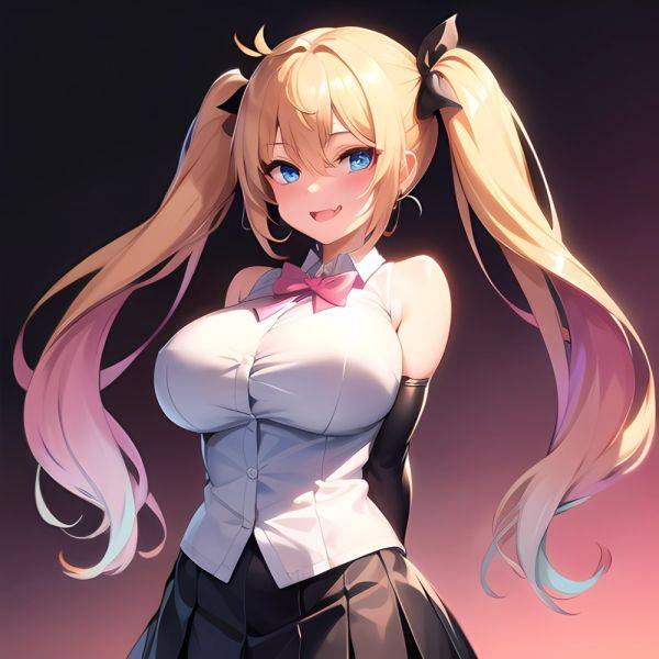 1girl Aymusk Belt Black Skirt Blonde Hair Blue Eyes Blush Bow Bowtie Breasts Curvy Elbow Gloves Fang Gloves Gradient Background, 726436843 - AIHentai - aihentai.co on pornintellect.com