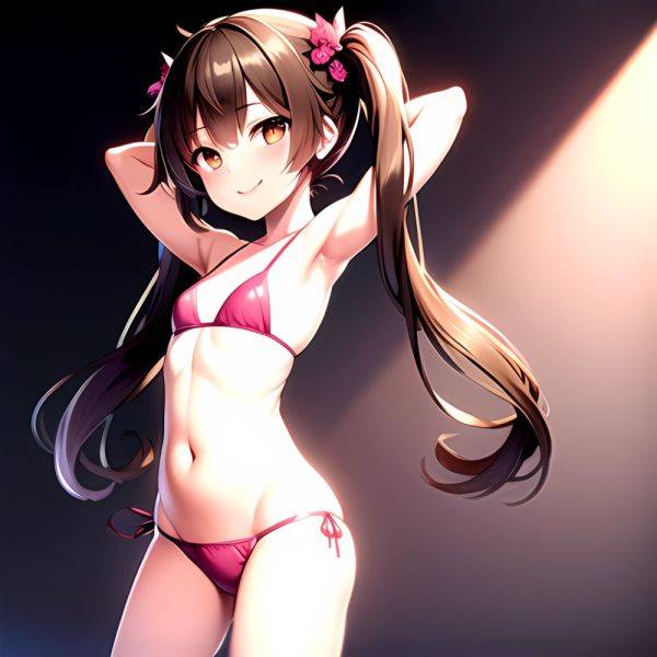 1girl Armpits Arms Behind Head Bikini Brown Eyes Brown Hair Cowboy Shot Dot Nose Flat Chest From Side Hair Ornament, 2126550995 - AIHentai - aihentai.co on pornintellect.com