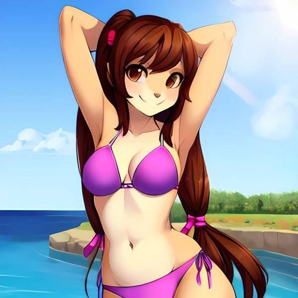 1girl Armpits Arms Behind Head Bikini Brown Eyes Brown Hair Cowboy Shot Dot Nose Flat Chest From Side Hair Ornament, 1585151096 - AIHentai - aihentai.co on pornintellect.com