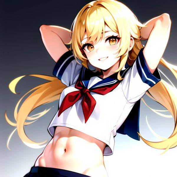 1girl Arms Up Arms Behind Head Blonde Hair Blue Skirt Bow Crop Top Crop Top Overhang Genshin Impact Gradient Background, 985789701 - AIHentai - aihentai.co on pornintellect.com