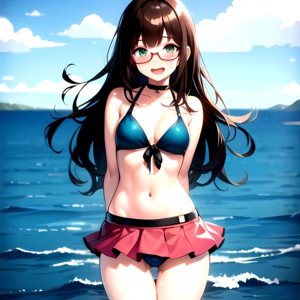 1girl D Bikini Bikini Bottom Aside Bikini Skirt Black Choker Blush Breasts Brown Hair Choker Cleavage Clothing Aside Front Tie, 3325204255 - AIHentai - aihentai.co on pornintellect.com